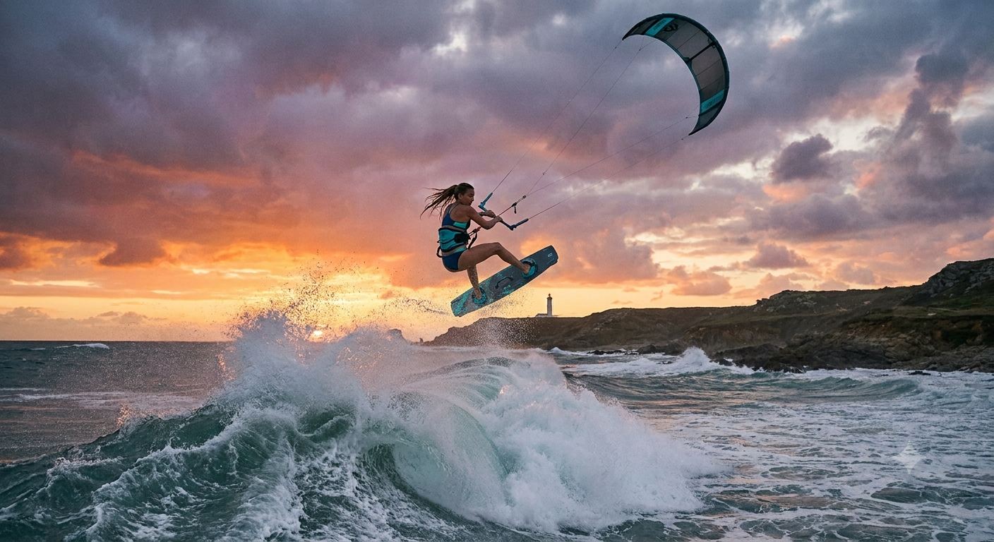 Kitesurferin springt bei Sonnenuntergang über eine Welle