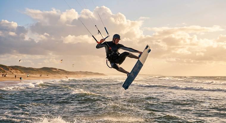 Kitesurfer springt in der goldenen Stunde vor dem Strand
